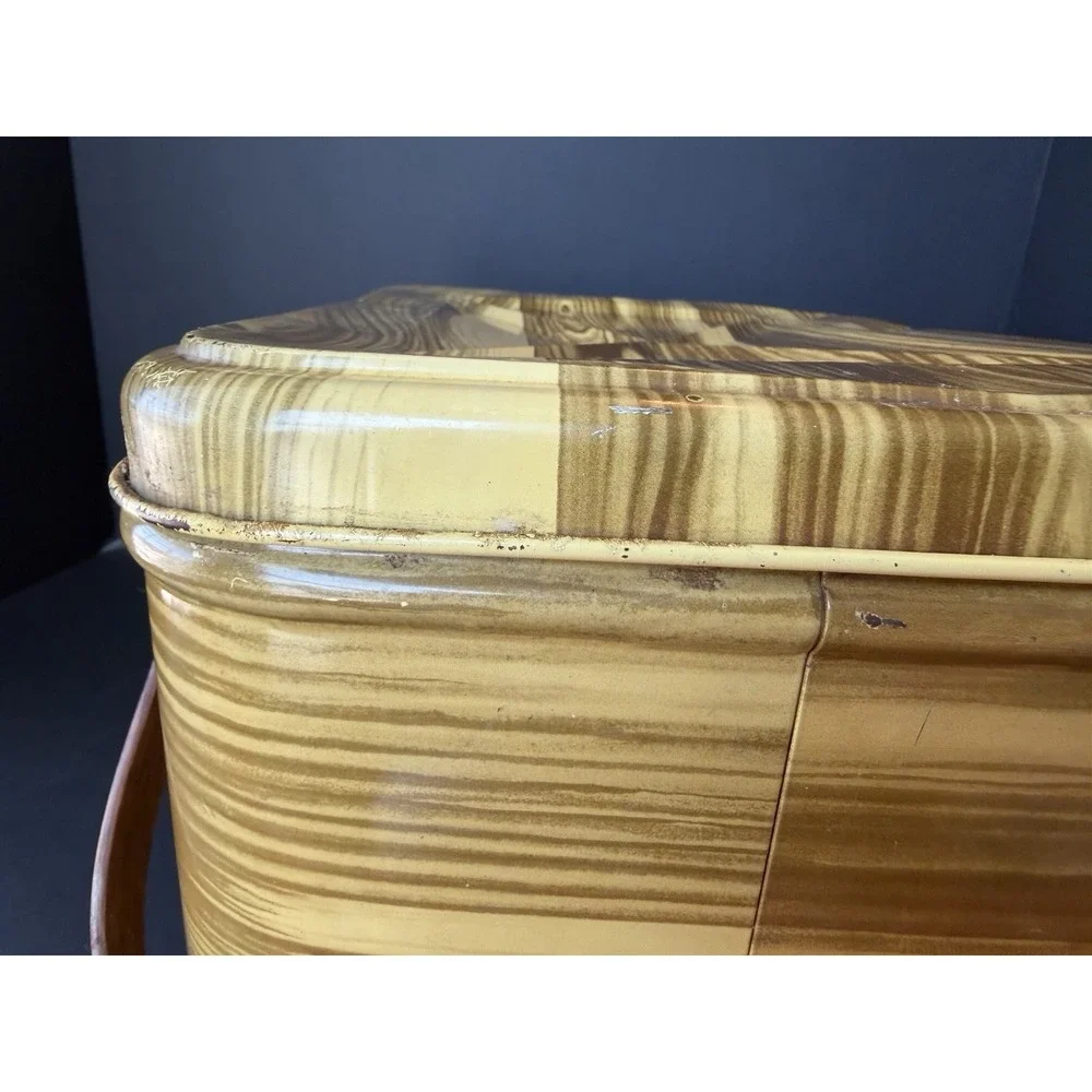 Vintage 1950s Faux Wood Grain Metal Picnic Basket with Wooden Handles